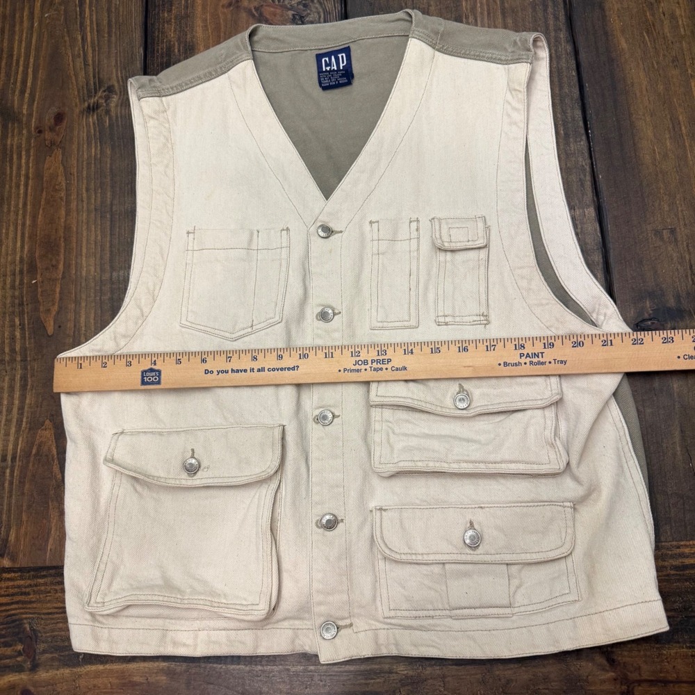 Gap‎ Mens Vintage Utility Fishing Vest Cream Olive Cotton Canvas Large - Picture 4 of 5